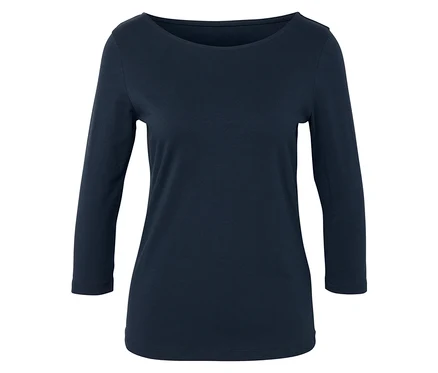 T-shirt bleu marine à manches trois-quarts et encolure ras du cou.