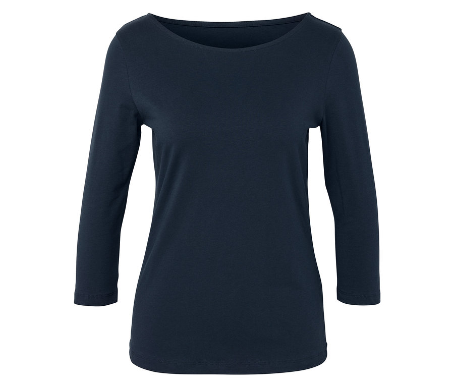 T-shirt bleu marine à manches trois-quarts et encolure ras du cou.