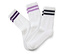 Trois paires de chaussettes blanches avec des rayures violettes et noires.