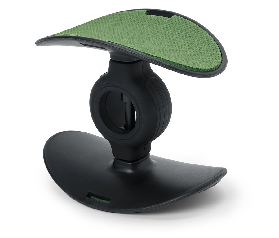 Support de téléphone noir avec un coussinet vert sur le dessus.