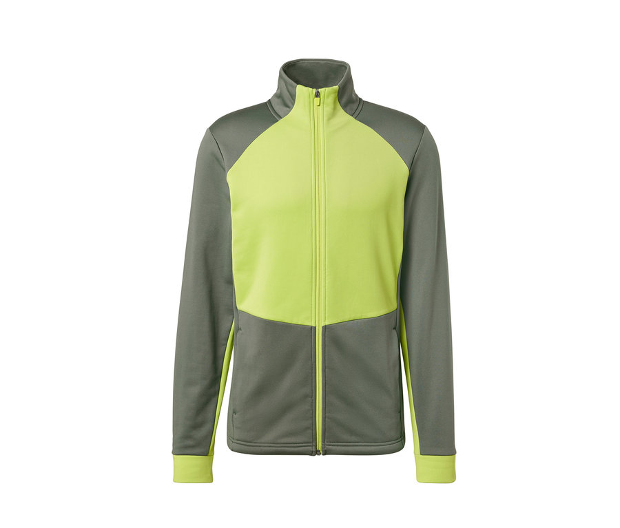 Veste thermique gris-vert avec fermeture éclair au centre.