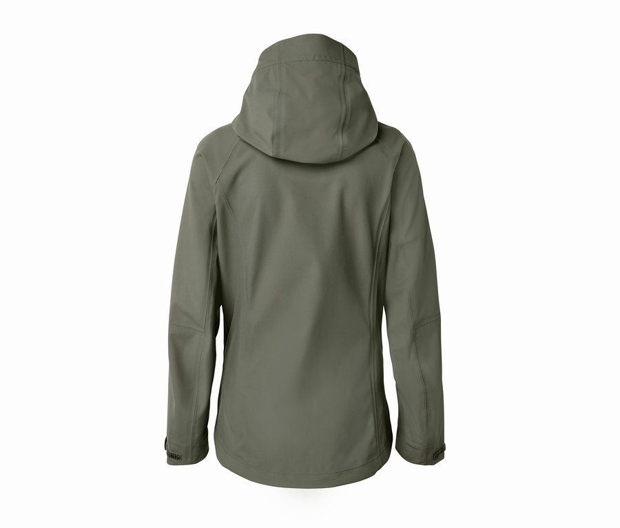 Vue arrière d'une veste outdoor 3 couches olive avec capuche.