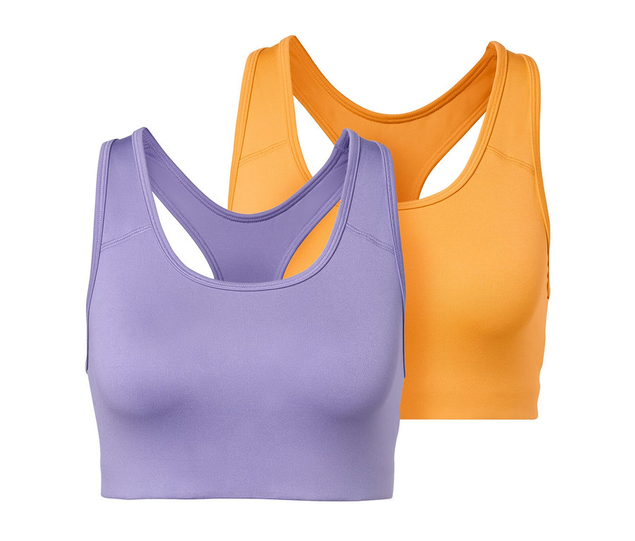 Deux brassières de sport, une violette et une orange.