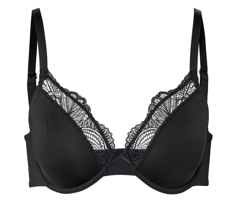 Soutien-gorge noir avec de la dentelle sur fond blanc.