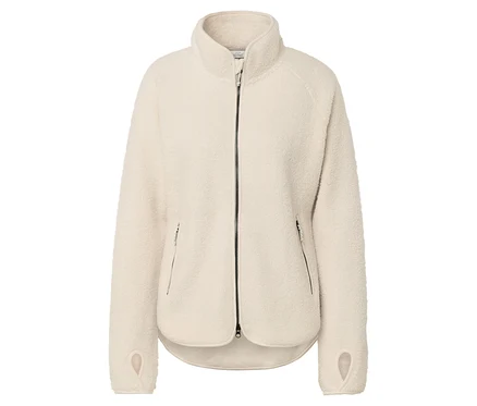 Veste en polaire beige avec fermeture éclair et trous pour les pouces.