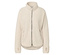 Veste en polaire beige avec fermeture éclair et trous pour les pouces.