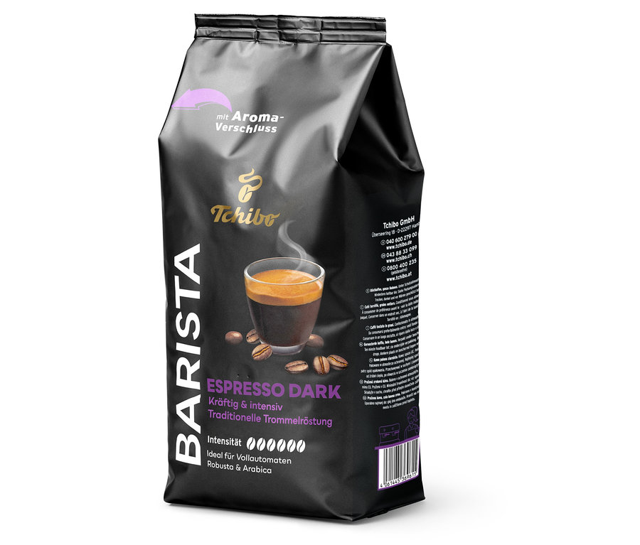 Paquet de café Tchibo Barista Espresso Dark avec une image d'une tasse de café et des grains de café.