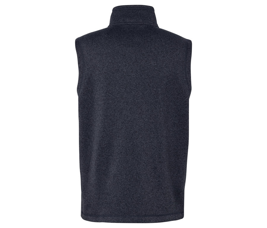 Détail du dos d'un gilet en polaire bleu foncé à col montant.