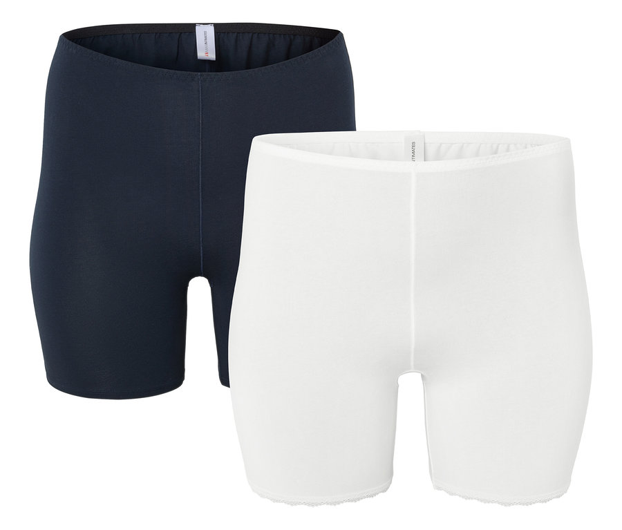 Deux shorts pour femmes : un bleu marine et un blanc.