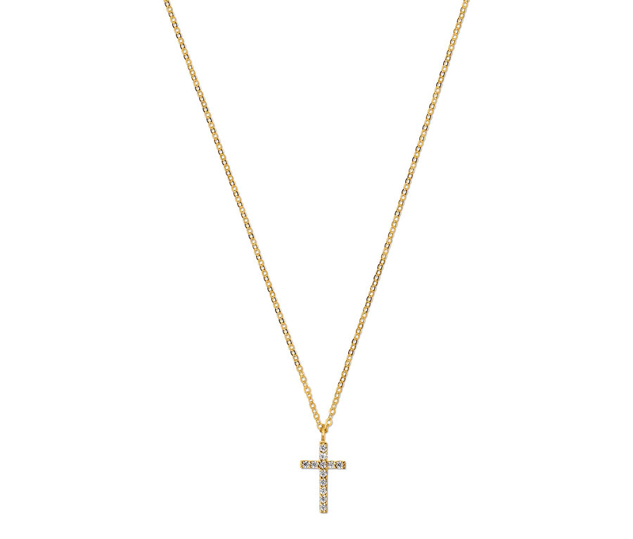 Collier doré avec pendentif croix serti de strass sur fond blanc.