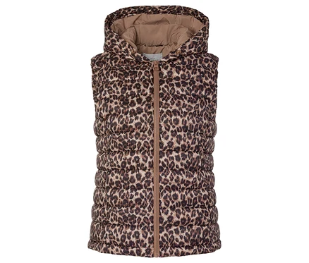 Veste matelassée marron à capuche avec motif animalier.