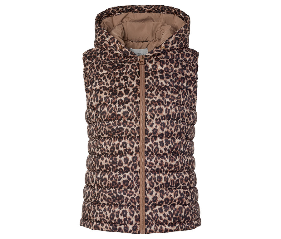 Veste matelassée marron à capuche avec motif animalier.
