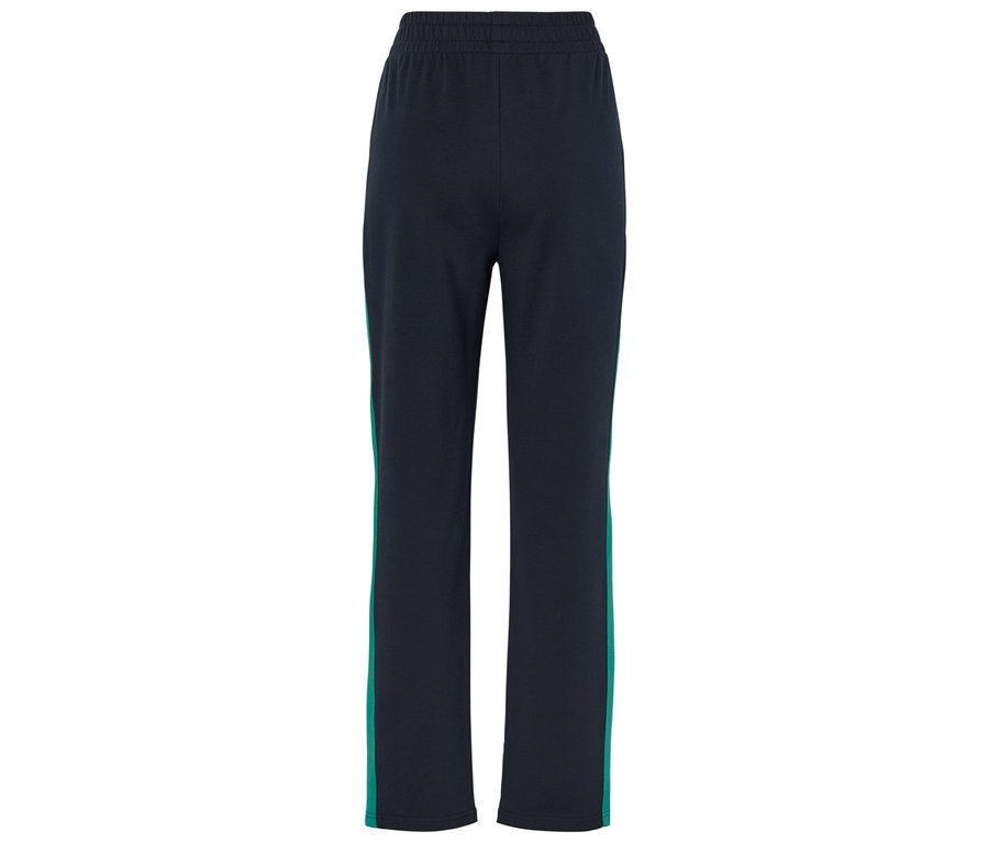 Pantalon de survêtement bleu marine avec taille élastique et bandes vertes sur les côtés.