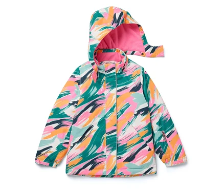 Veste à capuche avec motif de coups de pinceau en vert, rose, orange, bleu et noir.