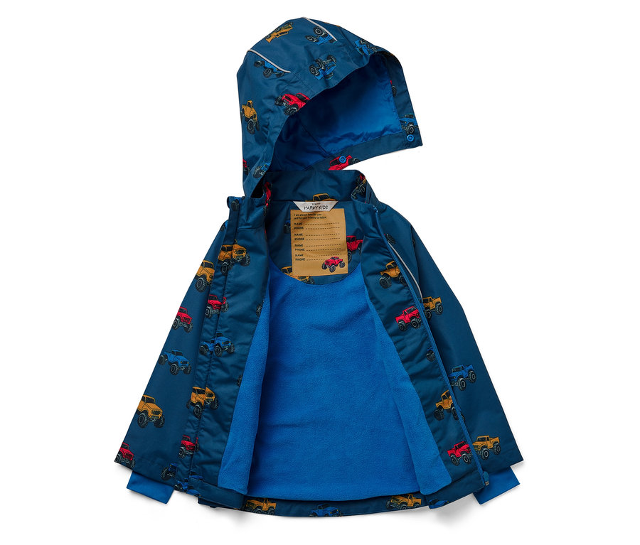 Veste ouverte bleue pour enfants avec capuche et motif de monster trucks.