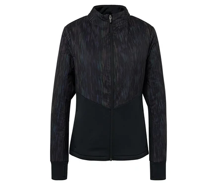 Veste noire zippée avec motif sur le haut.