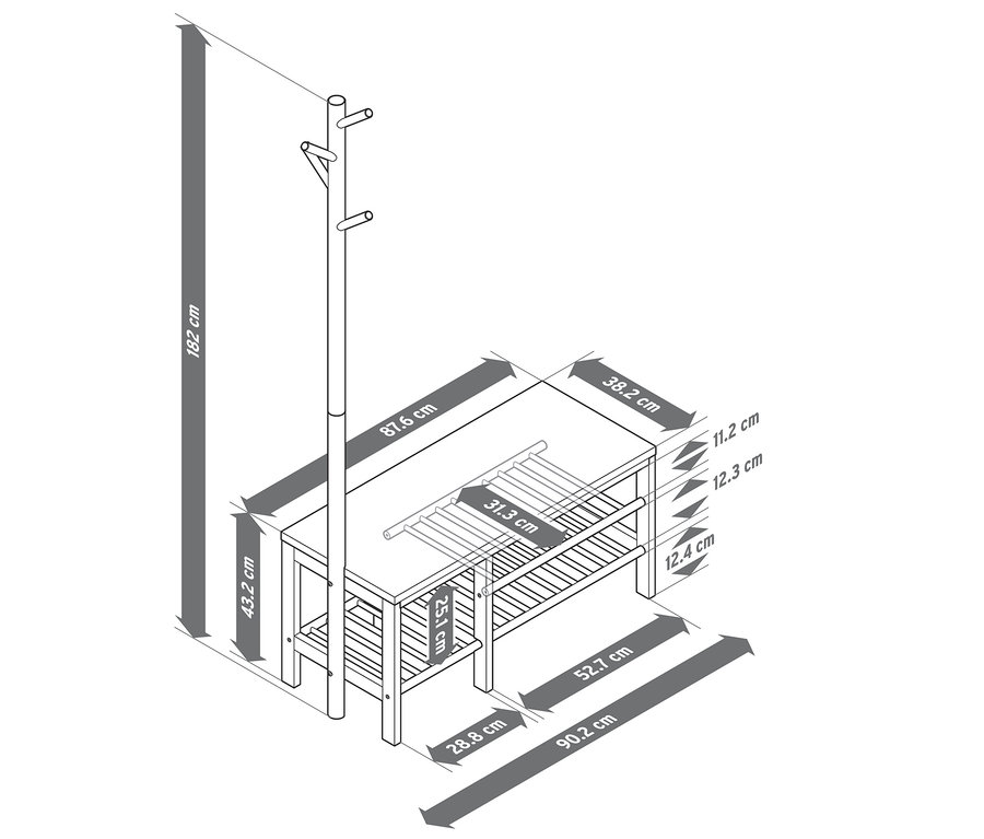 Schéma d'un banc avec porte-manteau et indications de taille.