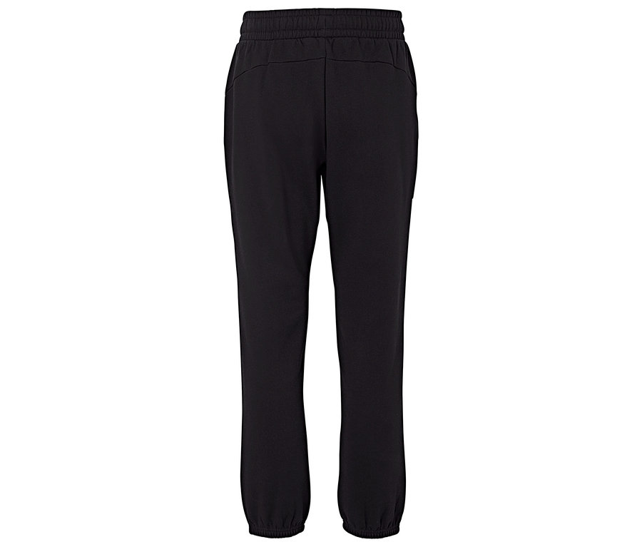 Vue arrière d'un pantalon de survêtement noir avec cordon de serrage à la taille et ourlets élastiques.
