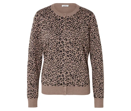 Cardigan beige à motif animalier.