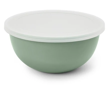 Un bol vert avec un couvercle blanc.