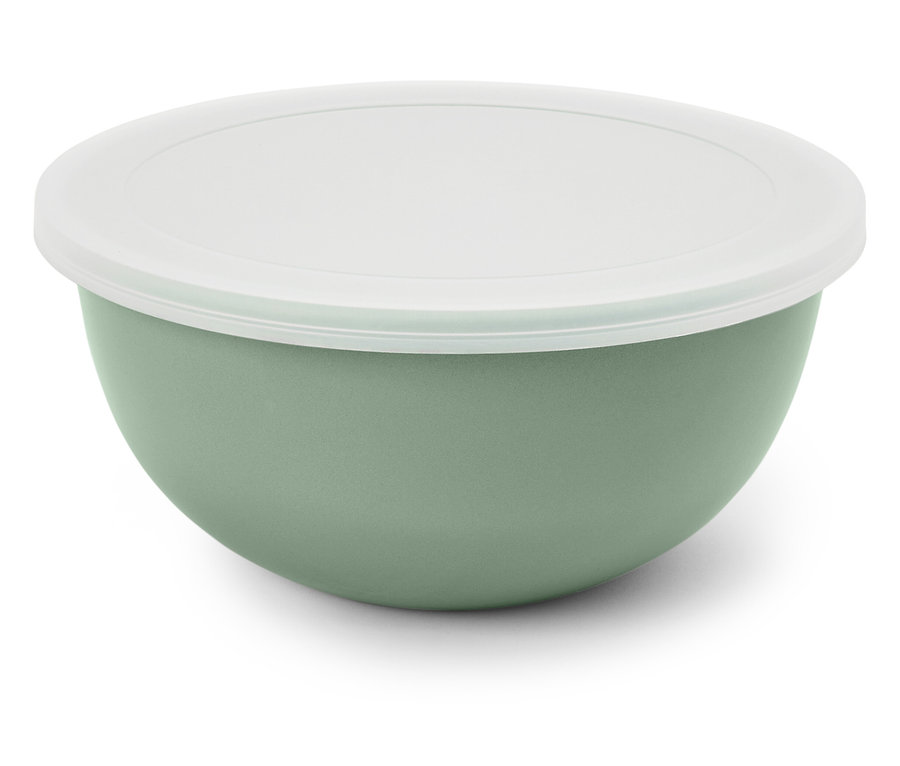 Un bol vert avec un couvercle blanc.