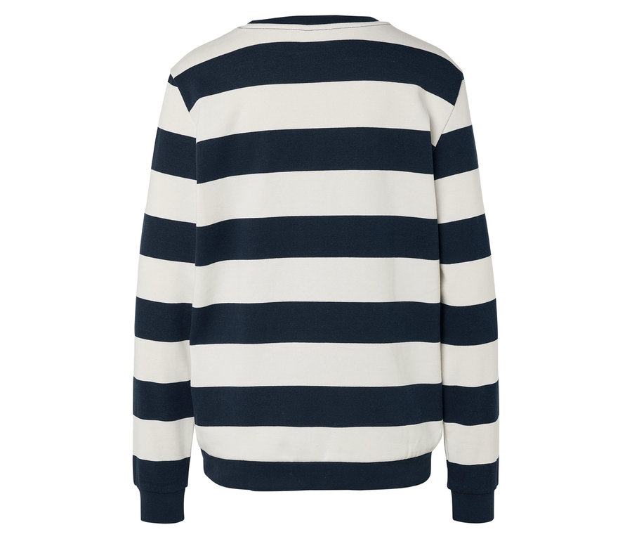 Vue arrière d'un pull rayé bleu marine et blanc.