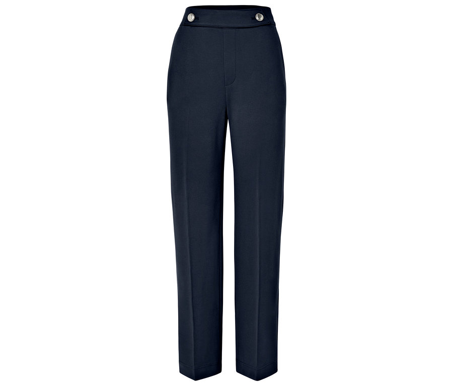 Pantalon bleu taille haute avec boutons.