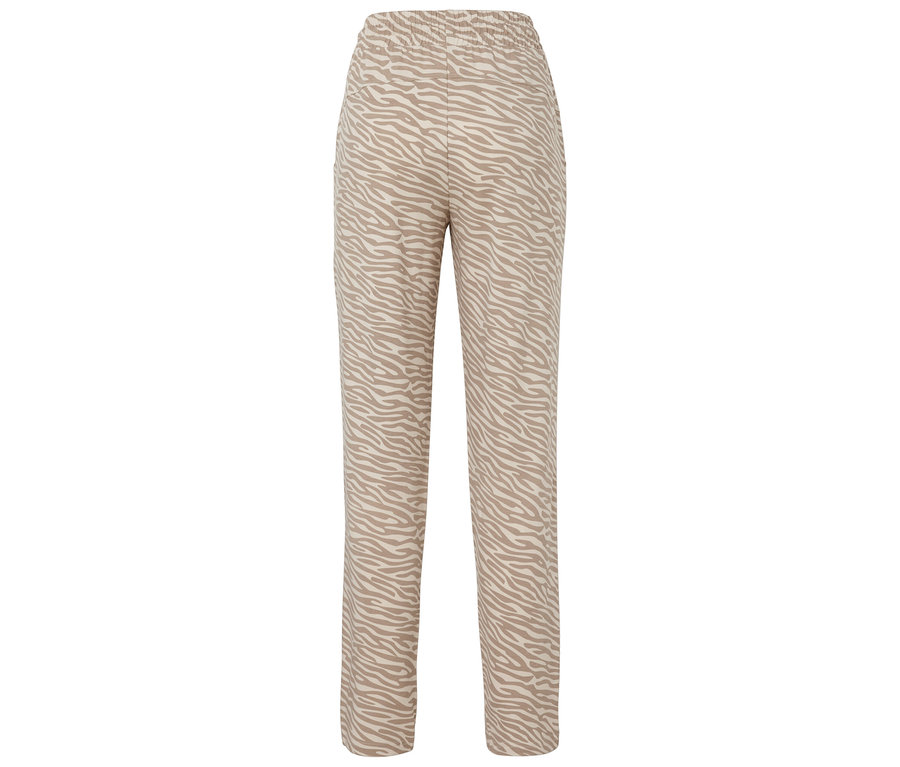 Vue arrière d'un pantalon beige à motif animal.