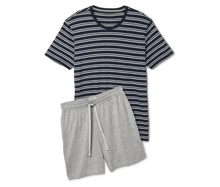 T-shirt rayé à manches courtes et short gris avec cordon de serrage.