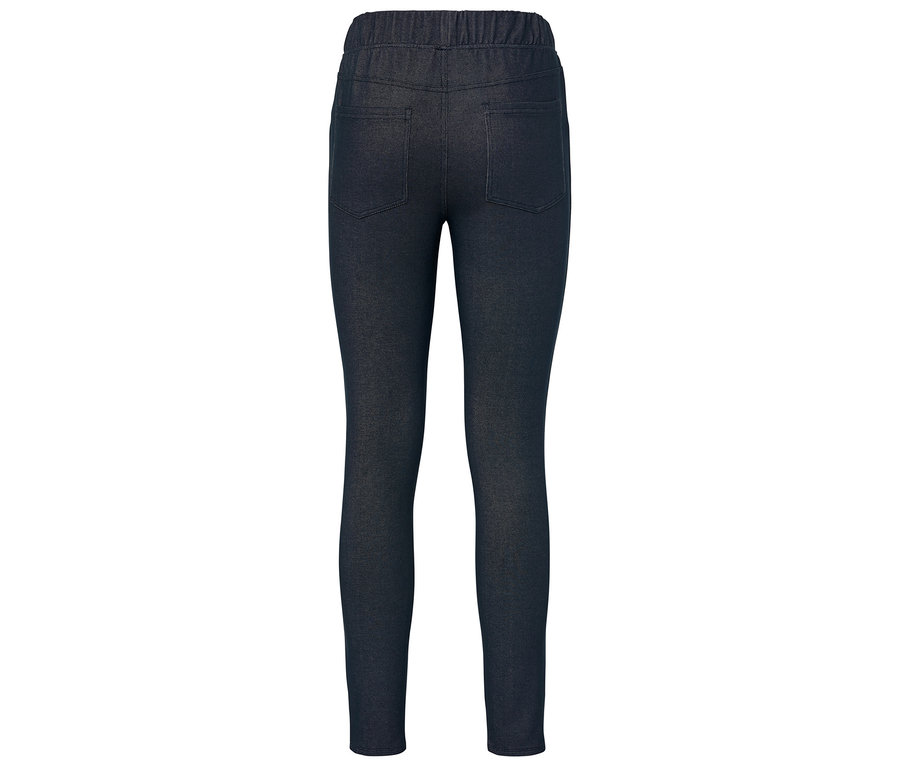 Legging en jean bleu foncé avec taille élastique et deux poches arrière.
