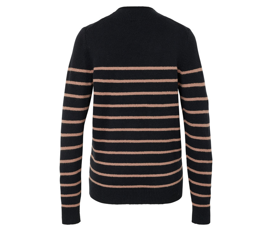 Vue arrière d'un pull noir avec des rayures horizontales beiges.