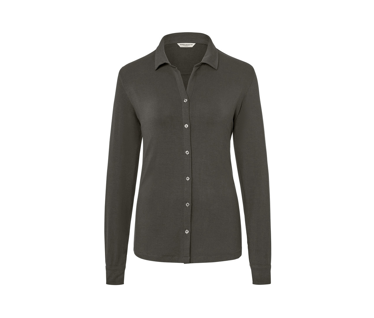 Blouse grise avec patte de boutonnage.