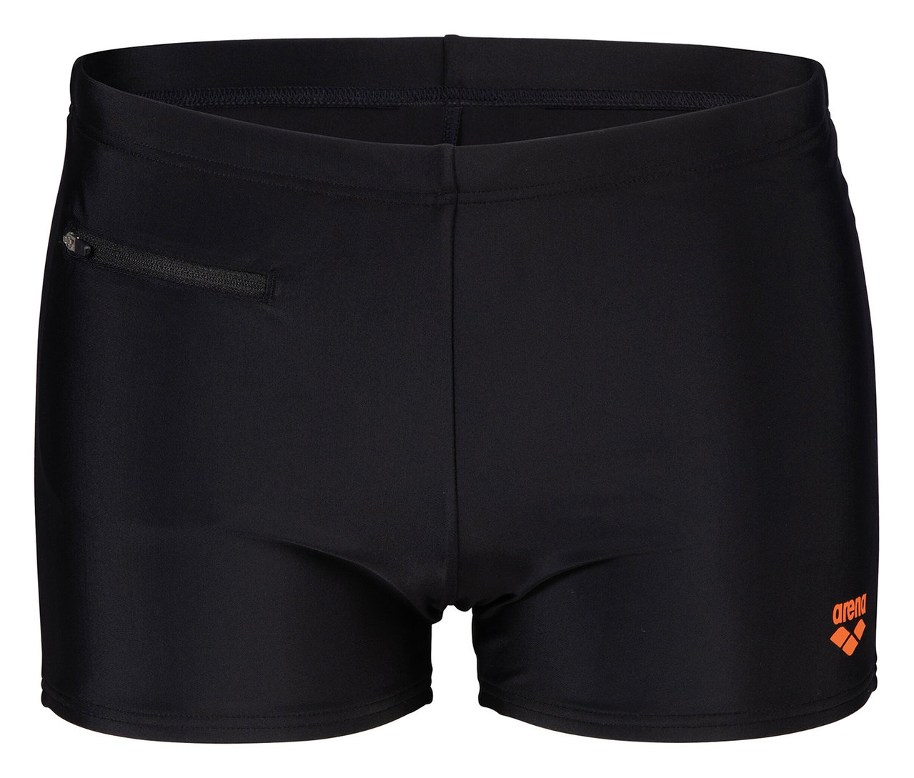 Gros plan sur un maillot de bain noir avec le logo Arena orange.