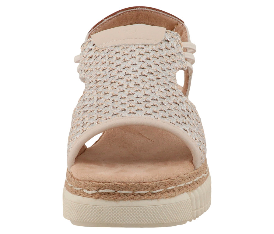 Sandale beige avec dessus tressé et semelle plateforme, vue de face.