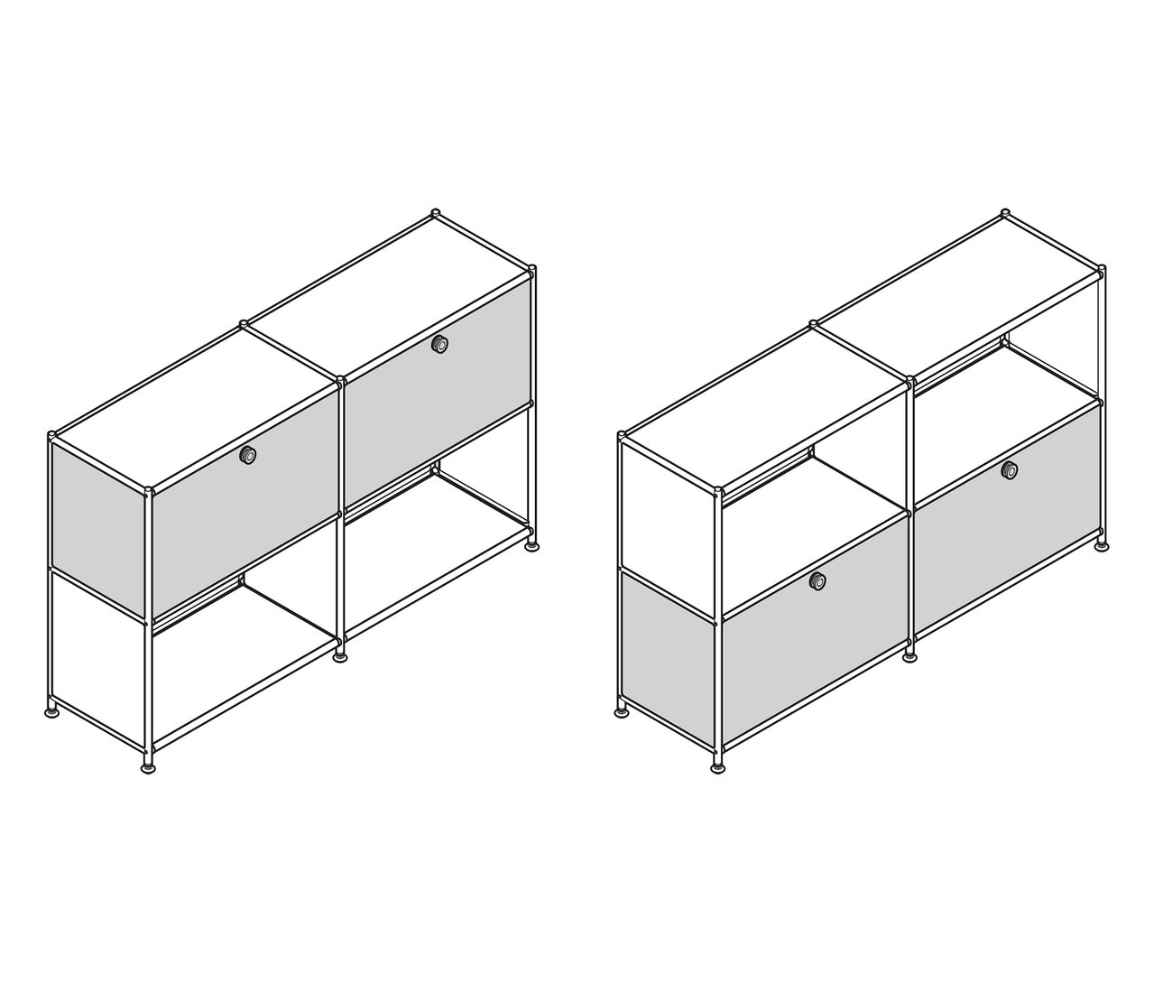 Deux systèmes d'étagères modulaires avec tiroirs gris et étagères ouvertes.