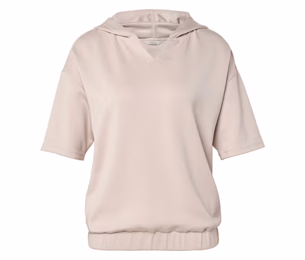 Un sweat à capuche beige à manches courtes est visible sur l'image.