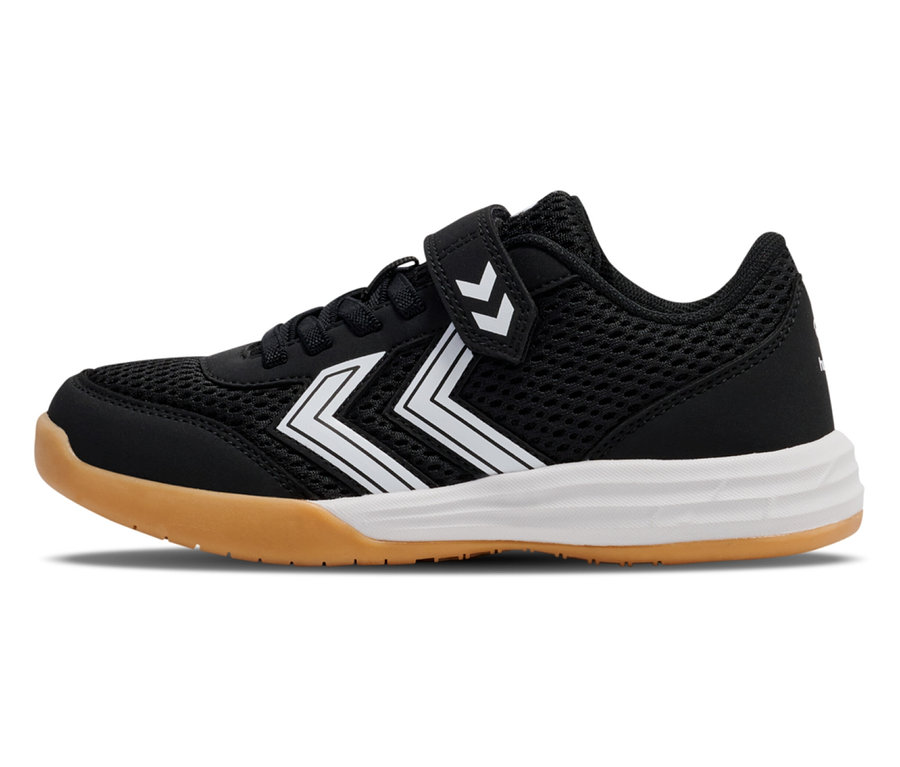 Chaussure de sport noire Multiplay Flex VC JR hummel® avec logo blanc et fermeture velcro.