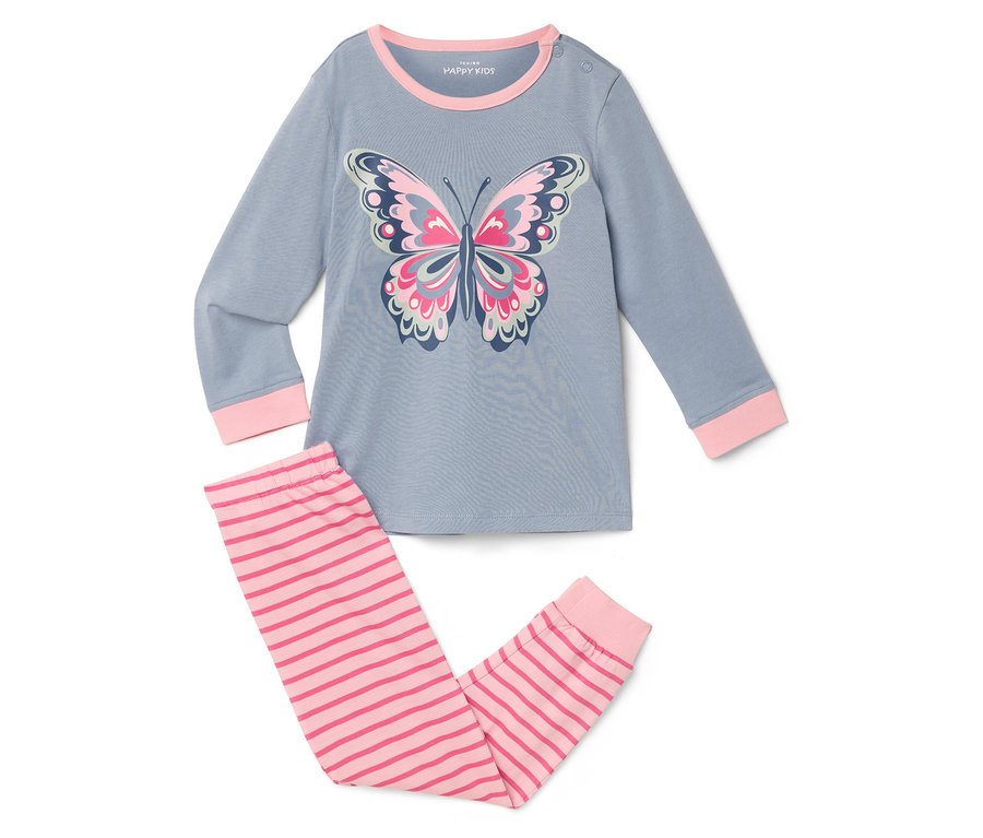 Ensemble de pyjama bleu à manches longues avec imprimé papillon et pantalon rayé rose.