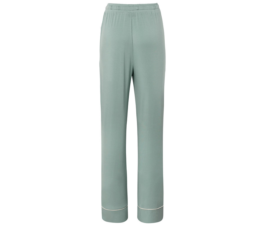 Vue arrière d'un long pantalon de pyjama vert clair avec un ourlet blanc.