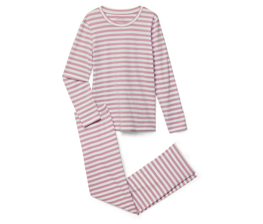 Pyjama rayé à manches longues rose et blanc, composé d'un haut et d'un pantalon.