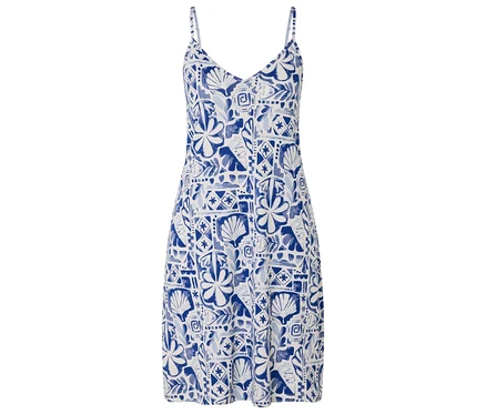 Robe sans manches bleu et blanche à motifs floraux et coquillages.