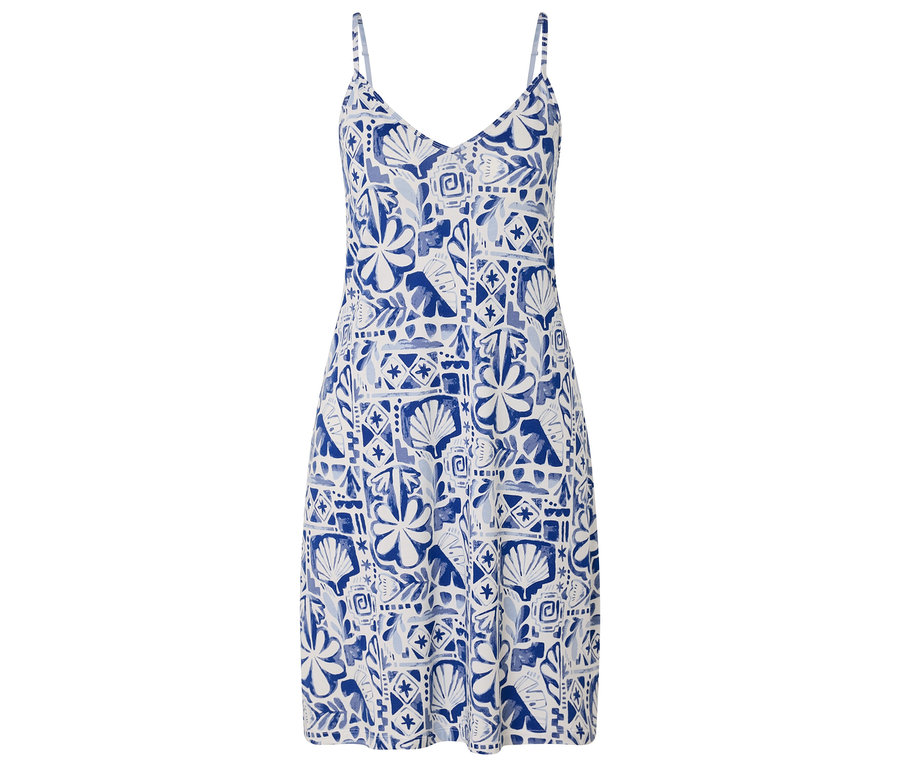 Robe sans manches bleu et blanche à motifs floraux et coquillages.