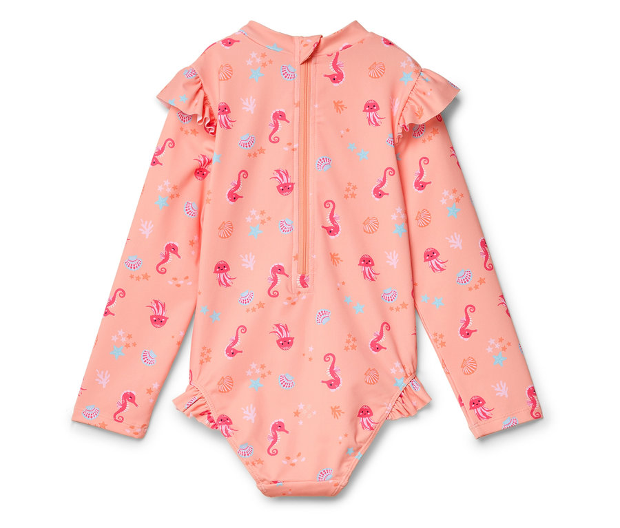 Maillot de bain intégral pêche à fermeture éclair et à volants, imprimé de motifs d'hippocampes, de méduses et de coquillages.