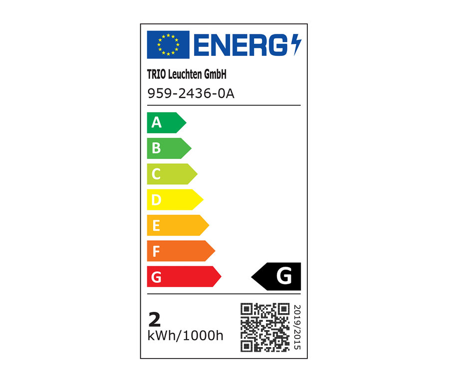Étiquette énergétique de TRIO Leuchten GmbH, 959-2436-0A, avec classe d'efficacité énergétique G et consommation de 2 kWh/1000h.