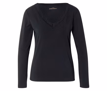 T-shirt noir à manches longues avec col en V et bordure en dentelle.