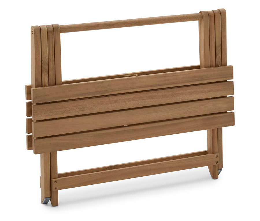 Table pliée en bois brun avec roulettes.