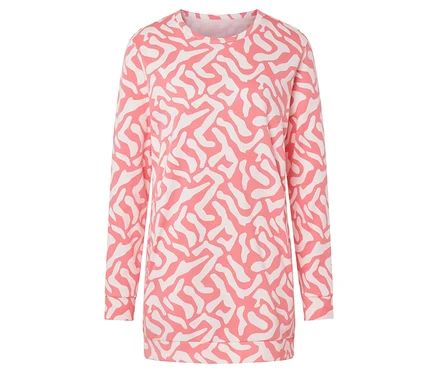 Long sweat-shirt avec imprimé intégral rose et blanc sur fond blanc.
