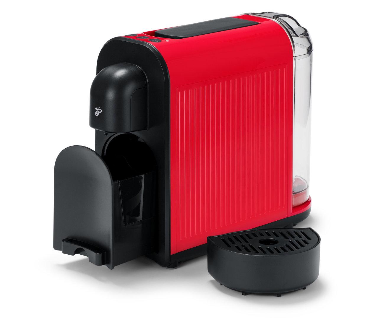 La machine à café rouge Cafissimo now red avec son bac d'égouttement amovible est posée sur une surface blanche.