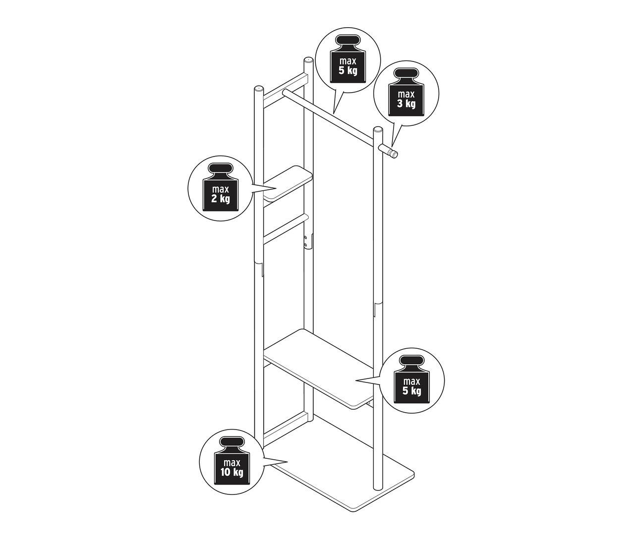 Vue de dessus d'un porte-manteau avec des étagères et des informations sur le poids.