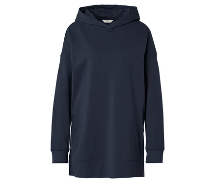 Sweat à capuche bleu marine sur fond blanc.